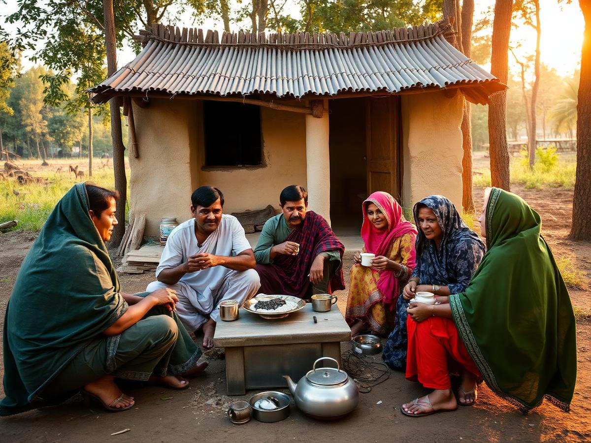 Villagers and travellers sharing tea outside a forest-fringe home