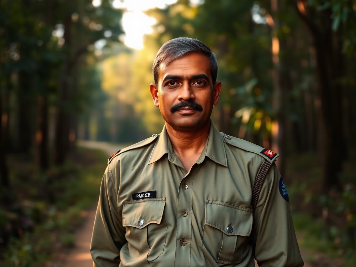 Indian forest ranger standing on a forest patrol path