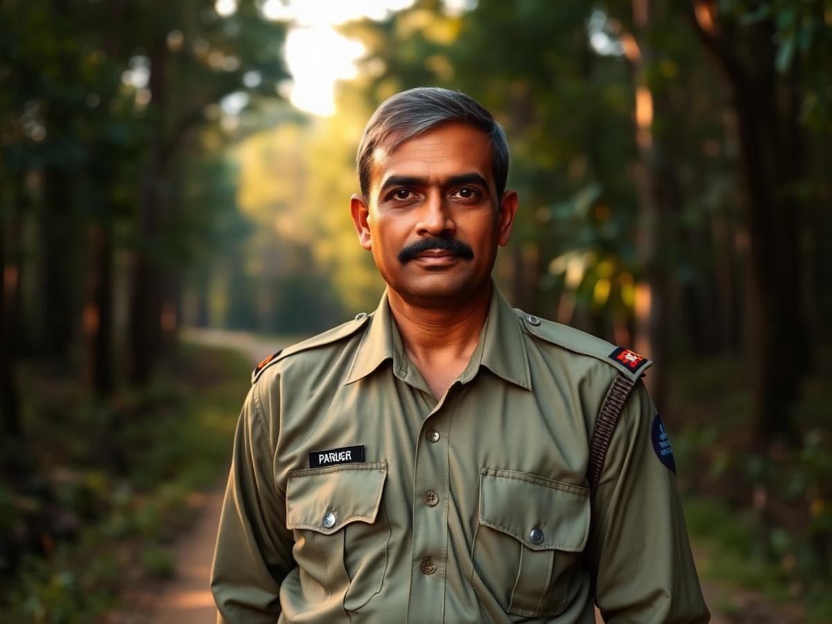 Indian forest ranger standing on a forest patrol path